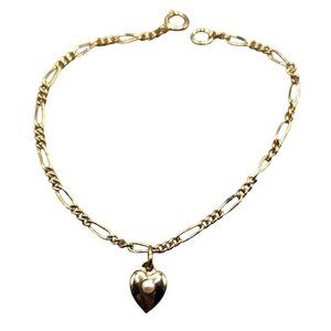 Gold Tone Figaro Bracelet With Small Heart Charm With Faux Pearl Accent